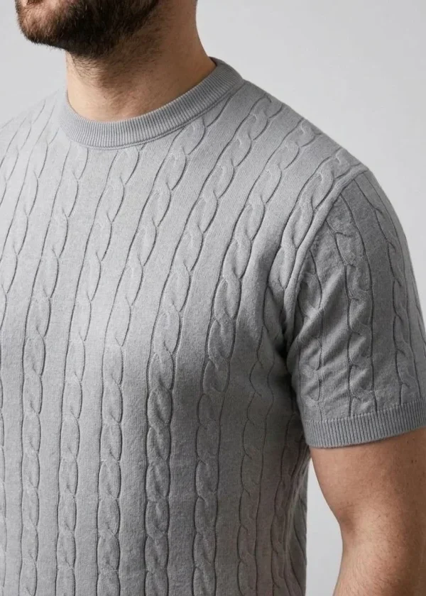 Erkek Yazlık Triko Dokuma Tişört Kısa Kol Bisiklet Yaka Örgü Desenli T-Shirt - Gri