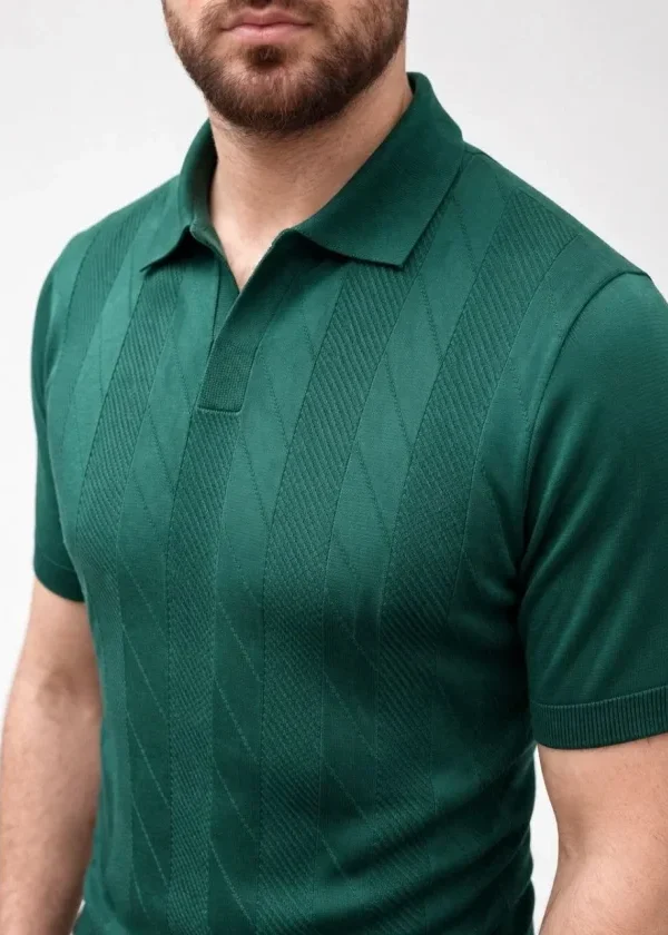 Erkek Yazlık Triko Dokuma Tişört Kısa Kol Polo Yaka T-Shirt - Koyu Yeşil