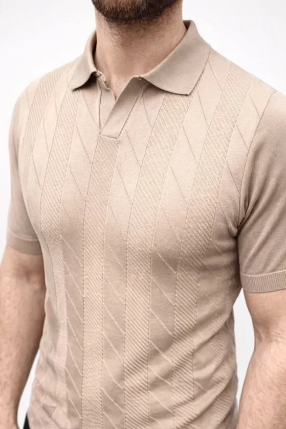 Erkek Yazlık Triko Dokuma Tişört Kısa Kol Polo Yaka T-Shirt - Bej