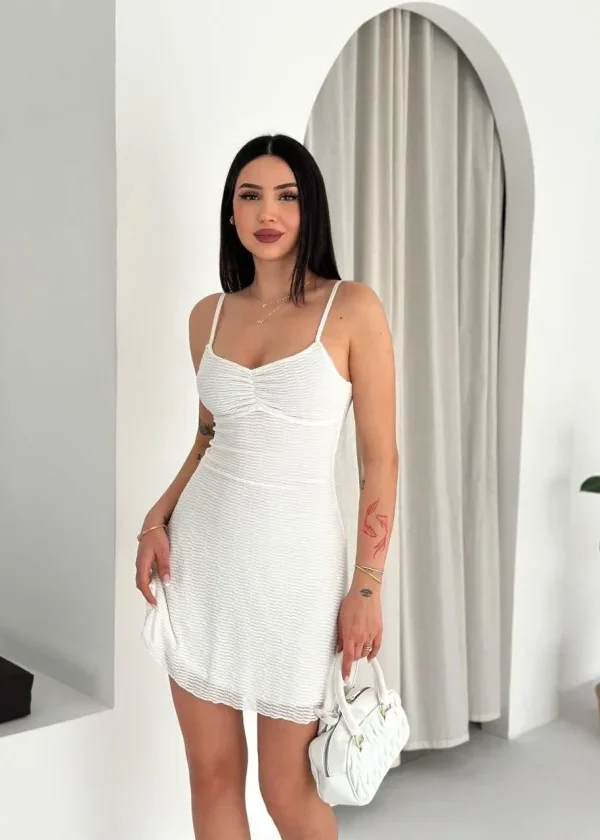 Askılı Mini Elbise Drapeli Göğüs Detay Likralı Yazlık Fit - Beyaz