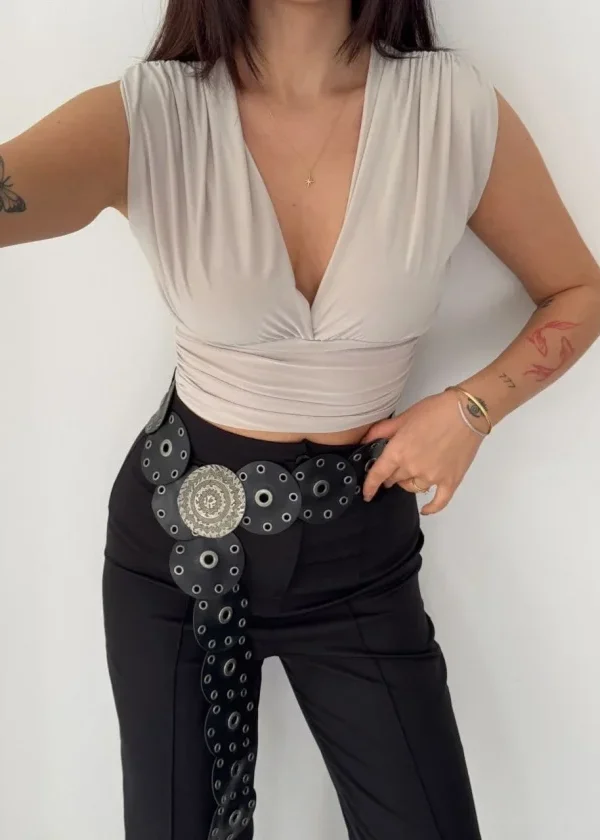 Vatkalı Kolsuz V Yaka Drapeli Crop Bluz Likralı Fit - Boyalı Gri