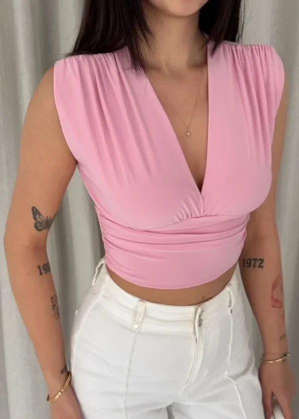 Vatkalı Kolsuz V Yaka Drapeli Crop Bluz Likralı Fit - Pembe