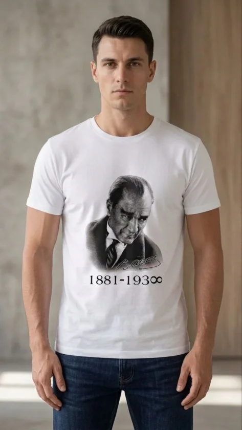 Erkek Atatürk Baskılı Tişört Kısa Kollu Bisiklet Yaka  T-Shirt - Beyaz