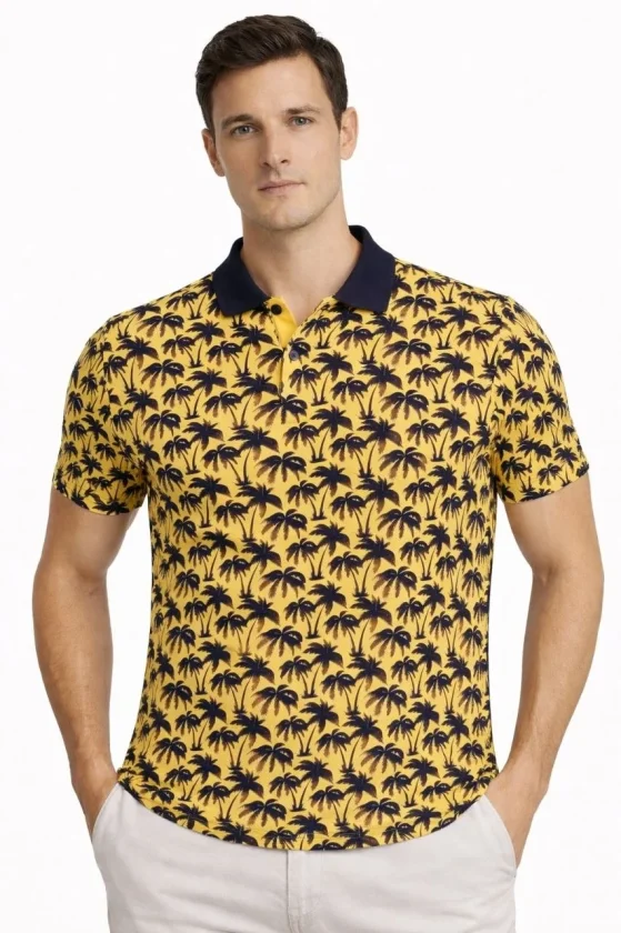 Erkek Pike Kumaş Polo Yaka Palmiye Desenli Tişört Kısa Kol Yazlık T-Shirt - Sarı