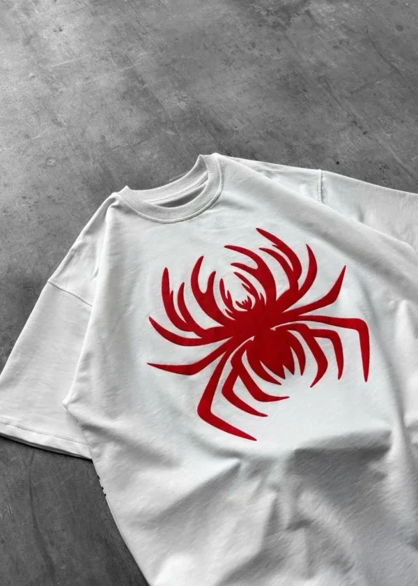 Erkek Örümcek Baskılı Tişört Kısa Kollu Bisiklet Yaka T-Shirt - Beyaz