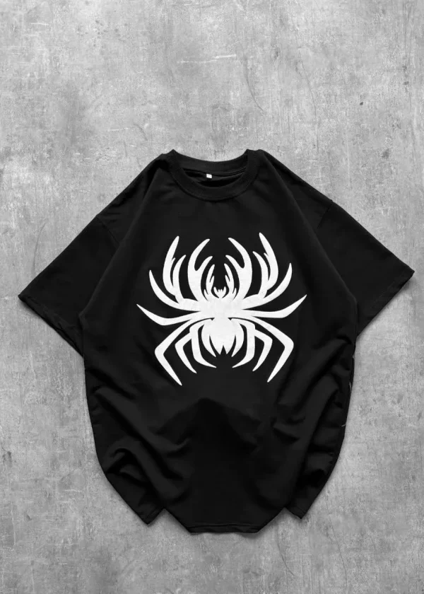 Erkek Örümcek Baskılı Tişört Kısa Kollu Bisiklet Yaka T-Shirt - Siyah