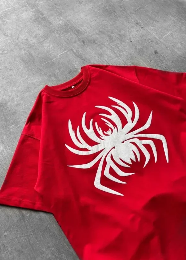 Erkek Örümcek Baskılı Tişört Kısa Kollu Bisiklet Yaka T-Shirt - Kırmızı