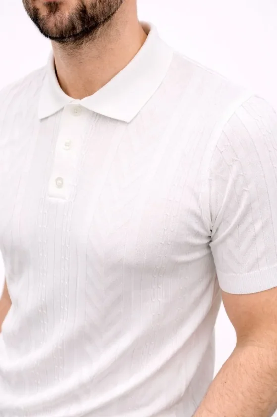 Erkek Yazlık Triko Tişört Kısa Kol Polo Yaka Düğmeli T-Shirt - Beyaz