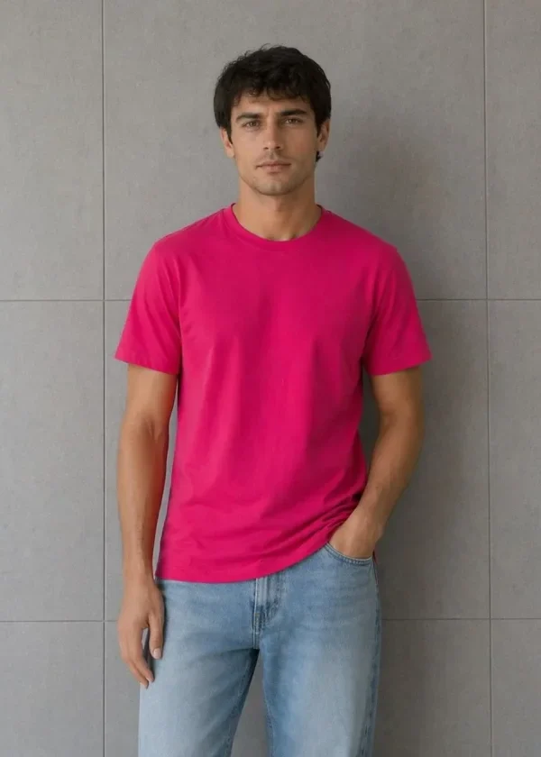 Erkek Basic Pamuklu Tişört Bisiklet Yaka Düz Renk Regular Fit T-Shirt - Fuşya