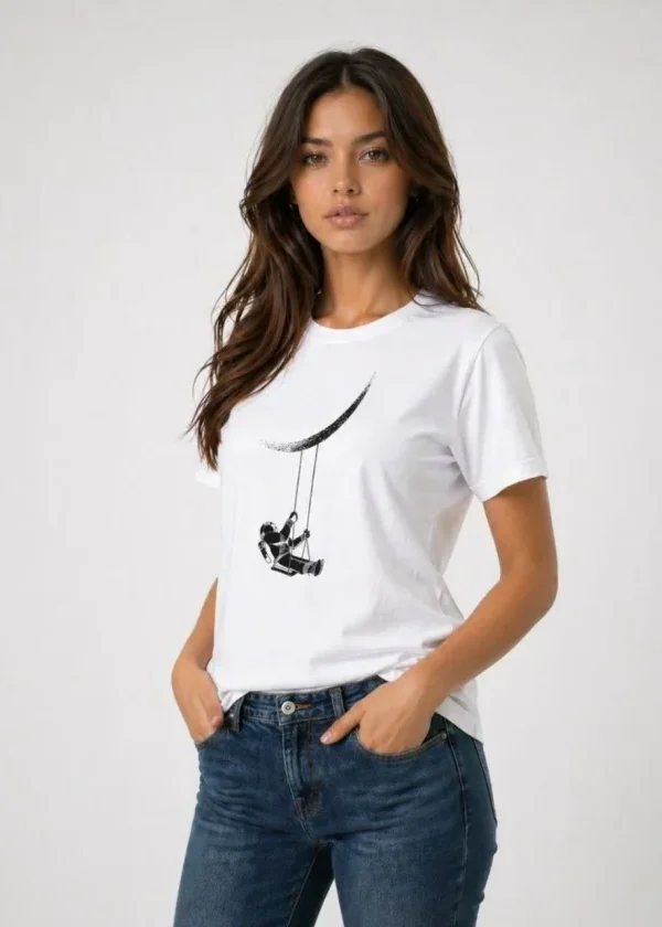 Astronot Ay Temalı Tişört Kısa Kol Yazlık Bisiklet Yaka T-Shirt - Beyaz