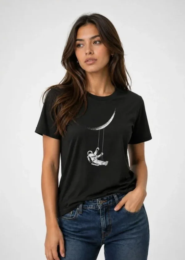 Astronot Ay Temalı Tişört Kısa Kol Yazlık Bisiklet Yaka T-Shirt - Siyah