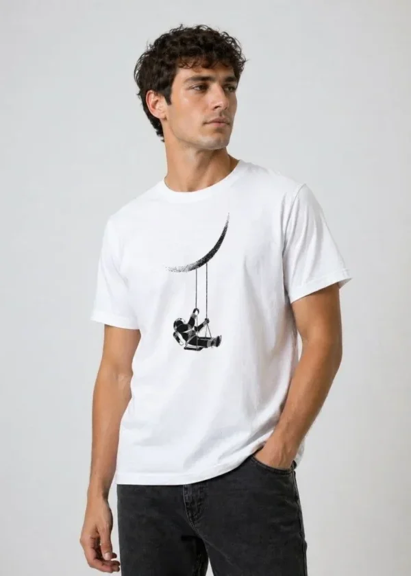 Erkek Astronot Ay Temalı Tişört Kısa Kol Yazlık Bisiklet Yaka T-Shirt - Beyaz