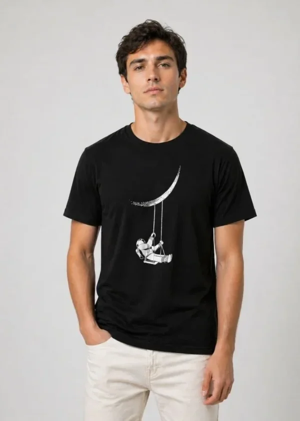 Erkek Astronot Ay Temalı Tişört Kısa Kol Yazlık Bisiklet Yaka T-Shirt - Siyah
