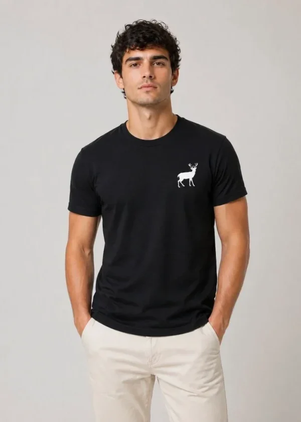 Erkek Minimal Geyik Logolu Tişört Bisiklet Yaka Kısa Kol Yazlık T-Shirt - Siyah