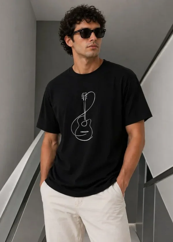 Erkek Minimal Gitar Baskılı Tişört T-Shirt Yazlık Kısa Kol Bisiklet Yaka T-Shirt - Siyah