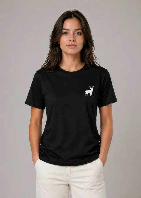 Minimal Geyik Logolu Tişört Bisiklet Yaka Kısa Kol Yazlık T-Shirt - Siyah