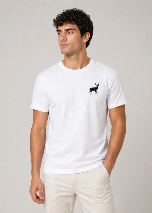 Erkek Minimal Geyik Logolu Tişört Bisiklet Yaka Kısa Kol Yazlık T-Shirt - Beyaz