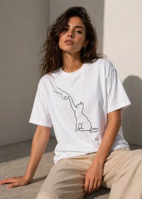 Minimal Kedi Çizim Baskılı Tişört Kısa Kol Yazlık T-Shirt - Beyaz