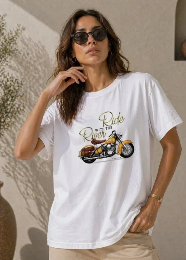 Motosiklet Baskılı Tişört Bisiklet Yaka Kısa Kol Yazlık T-Shirt - Beyaz