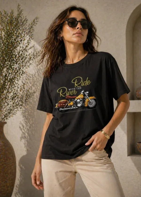 Motosiklet Baskılı Tişört Bisiklet Yaka Kısa Kol Yazlık T-Shirt - Siyah