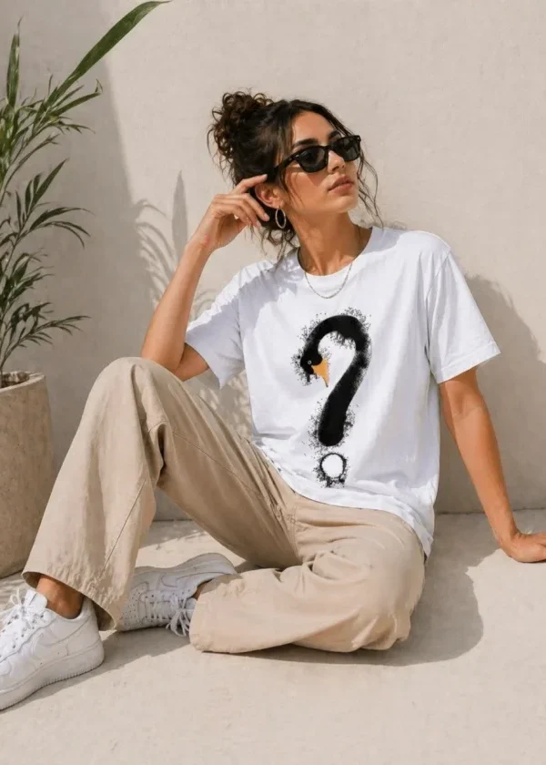 Kuğu Figürlü Soru İşareti Baskılı Tişört Kısa Kol T-Shirt - Beyaz