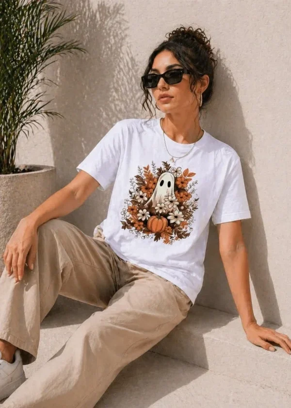 Balkabağı Hayalet Baskılı Tişört Kısa Kol Yazlık T-Shirt - Beyaz