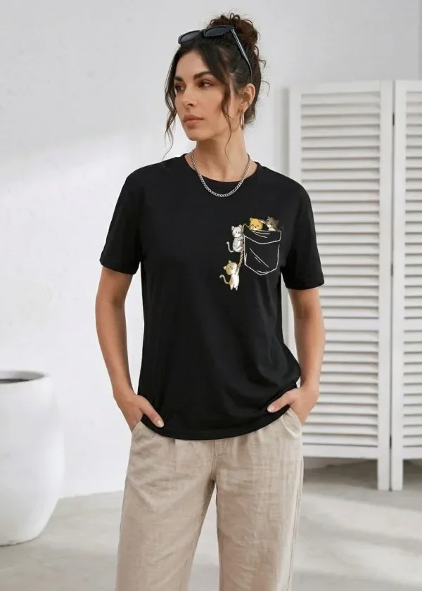 Sevimli Kedi Cep Baskılı Tişört Kısa Kol Yazlık T-Shirt - Siyah