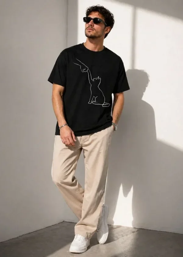 Erkek Minimal Kedi Çizim Baskılı Tişört Kısa Kol Yazlık T-Shirt - Siyah