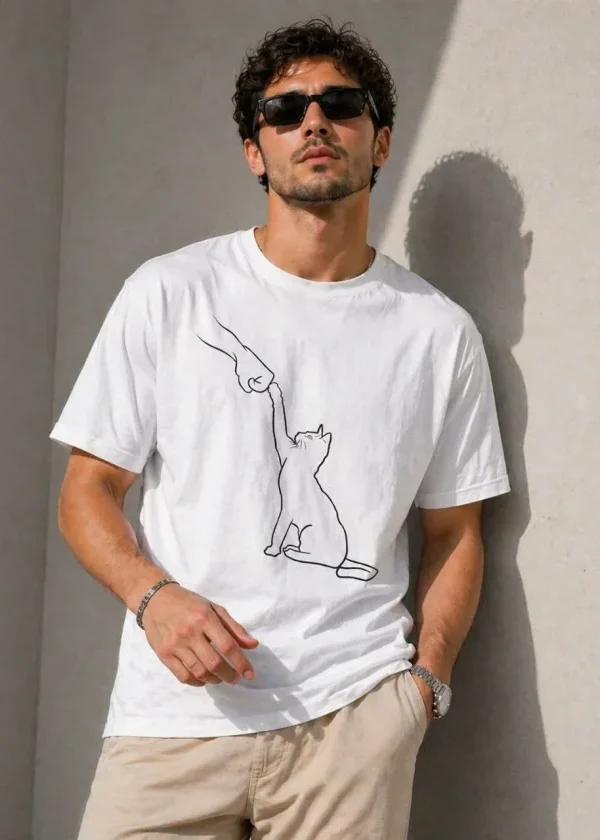 Erkek Minimal Kedi Çizim Baskılı Tişört Kısa Kol Yazlık T-Shirt - Beyaz