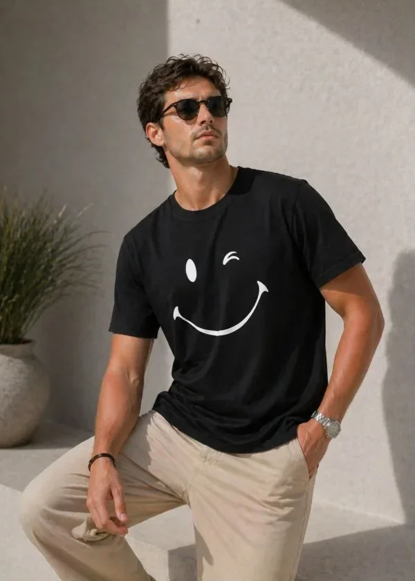 Erkek Minimal Gülümseyen Yüz Baskılı Tişört Kısa Kol Yazlık T-Shirt - Siyah