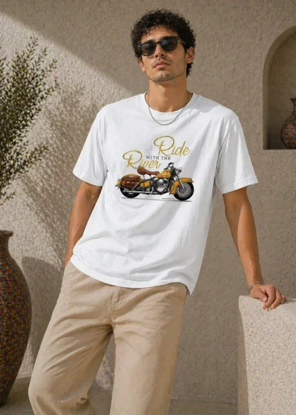 Erkek Motosiklet Baskılı Tişört Bisiklet Yaka Kısa Kol Yazlık T-Shirt - Beyaz