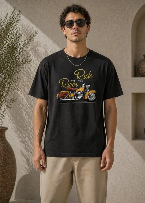 Erkek Motosiklet Baskılı Tişört Bisiklet Yaka Kısa Kol Yazlık T-Shirt - Siyah