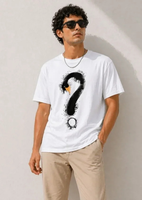 Erkek Kuğu Figürlü Soru İşareti Baskılı Tişört Kısa Kol T-Shirt - Beyaz