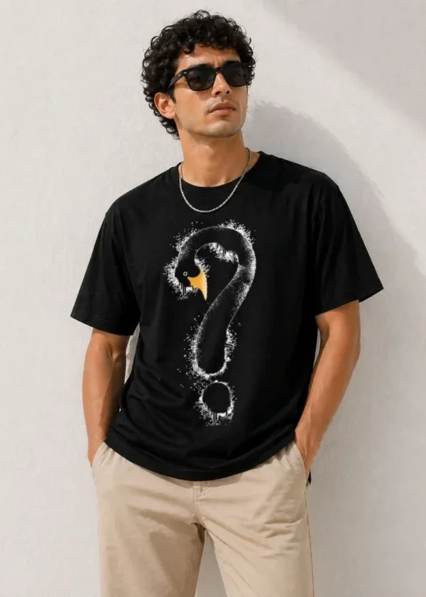 Erkek Kuğu Figürlü Soru İşareti Baskılı Tişört Kısa Kol T-Shirt - Siyah