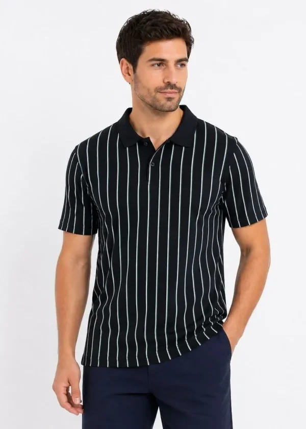 Erkek Pike Kumaş Çizgili Polo Yaka Tişört Kısa Kol Yazlık T-Shirt - Siyah