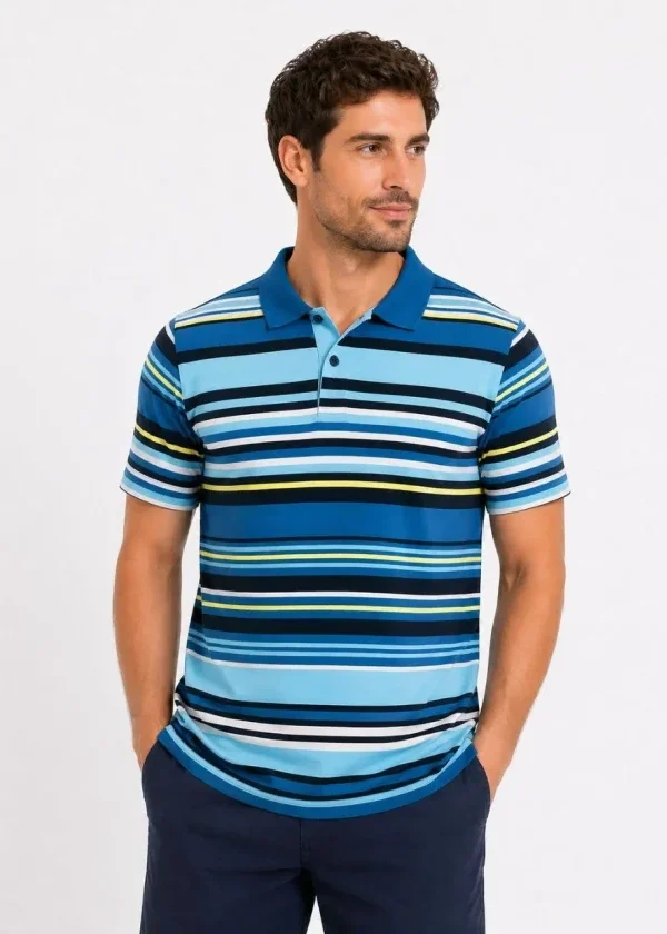 Erkek Çizgili Polo Yaka Tişört Kısa Kol Yazlık T-Shirt Regular Fit - Mavi