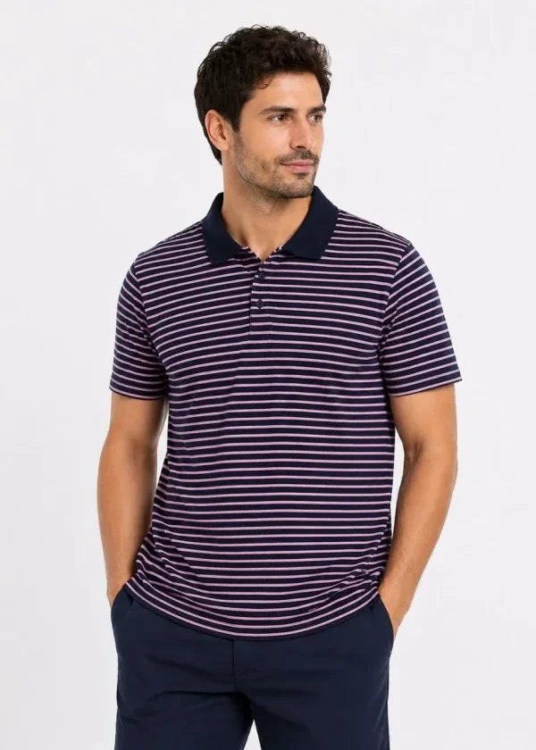 Erkek Pike Kumaş Gül Kurusu Çizgili Polo Yaka Tişört Kısa Kol T-Shirt - Siyah