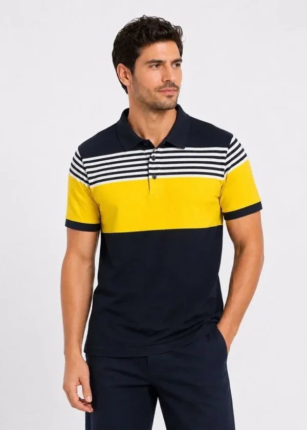 Erkek Pike Kumaş Çizgili Polo Yaka Tişört Kısa Kol Yazlık T-Shirt - Lacivert