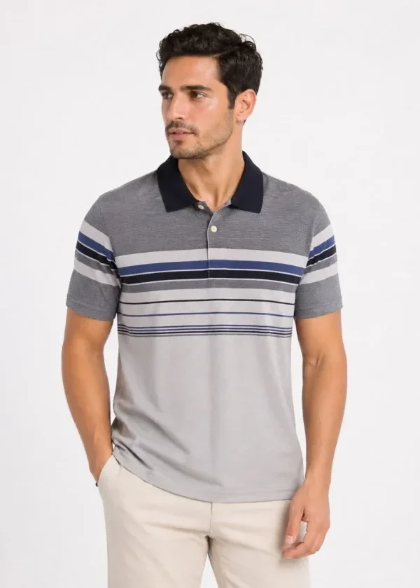 Erkek Flamlı Penye Çizgili Polo Yaka Tişört Kısa Kol Yazlık T-Shirt - Gri