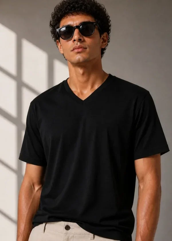 Erkek V Yaka Basic Tişört Kısa Kol Yazlık Regular Fit T-Shirt - Siyah