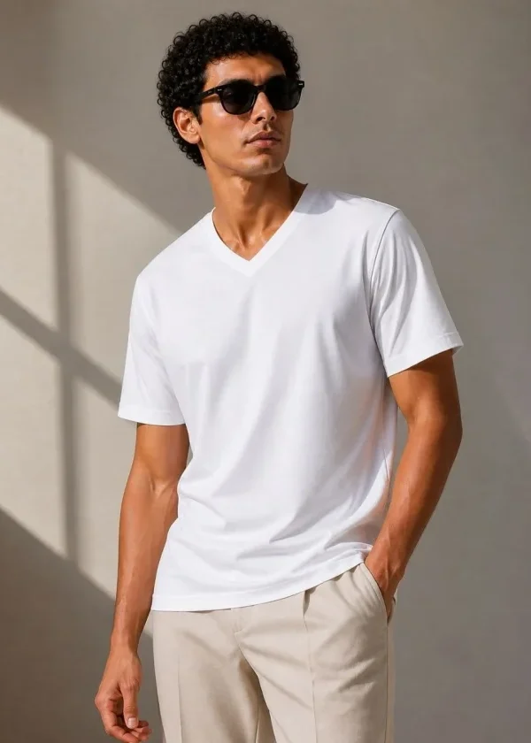Erkek V Yaka Basic Tişört Kısa Kol Yazlık Regular Fit T-Shirt - Beyaz