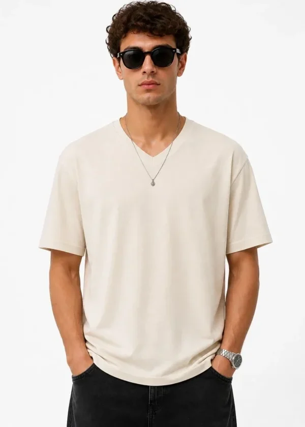 Erkek V Yaka Basic Tişört Kısa Kol Yazlık Regular Fit T-Shirt - Bej