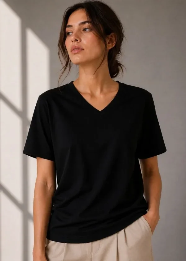 V Yaka Basic Tişört Kısa Kol Yazlık Regular Fit T-Shirt - Siyah