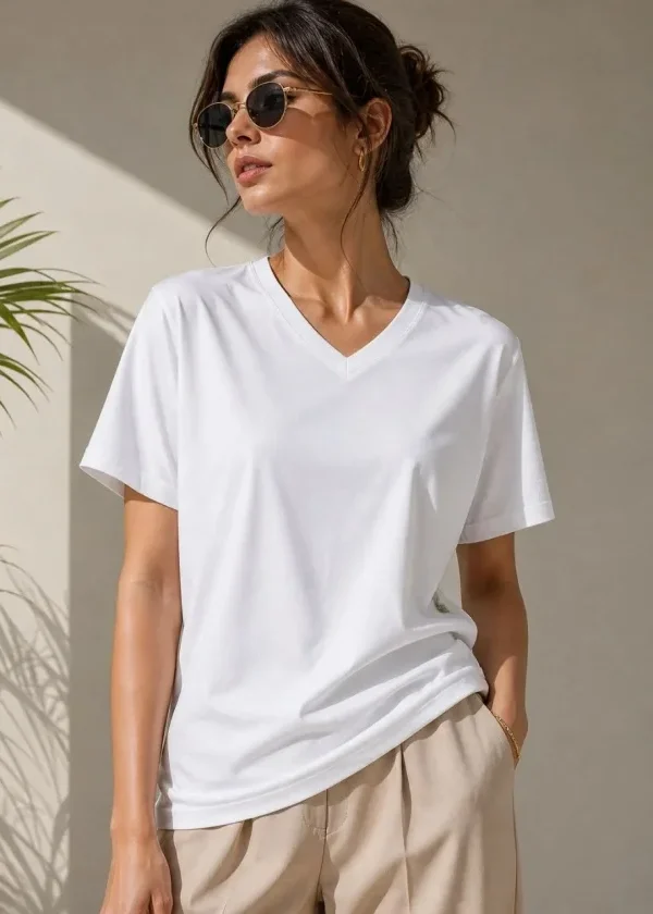 V Yaka Basic Tişört Kısa Kol Yazlık Regular Fit T-Shirt - Beyaz