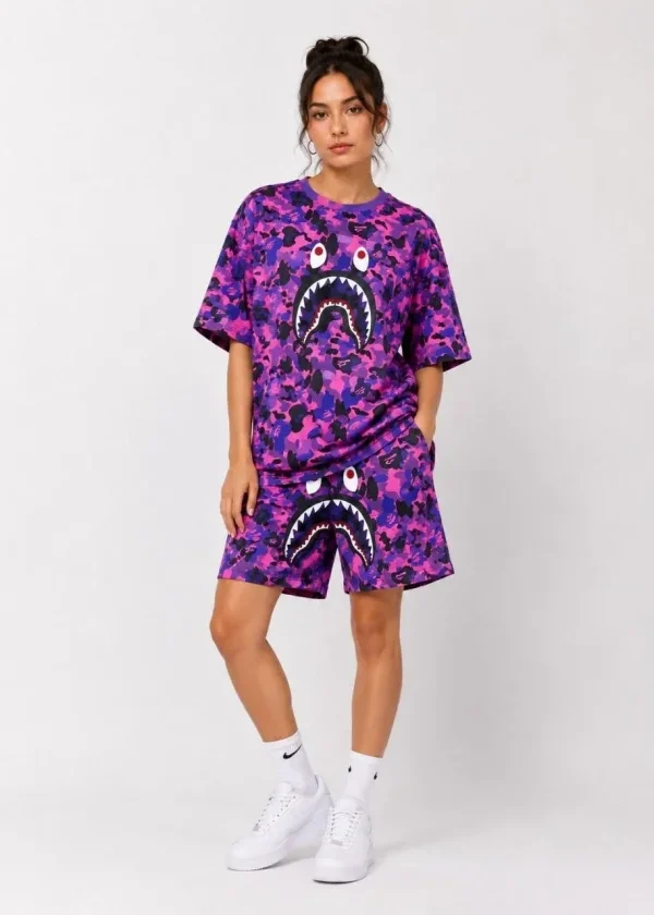 Oversize Kalıp Pubg Bape X Shark Nakışlı Cepli Şort Takım - Mor