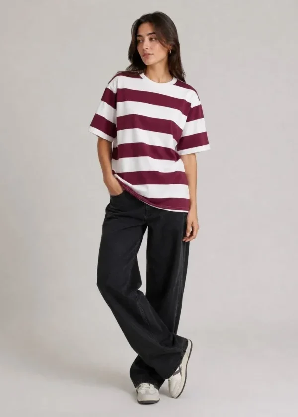 Çizgili Oversize Tişört Bisiklet Yaka Kısa Kol Yazlık T-Shirt - Bordo