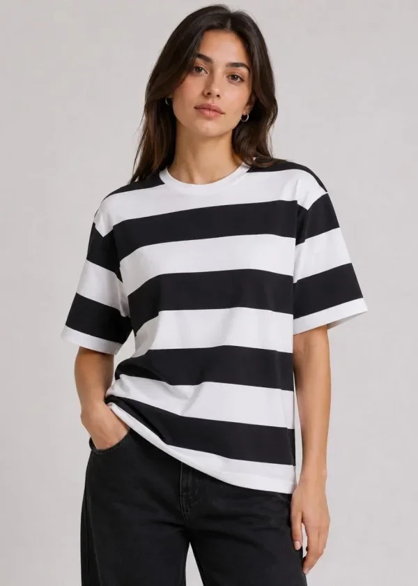 Çizgili Oversize Tişört Bisiklet Yaka Kısa Kol Yazlık T-Shirt - Siyah