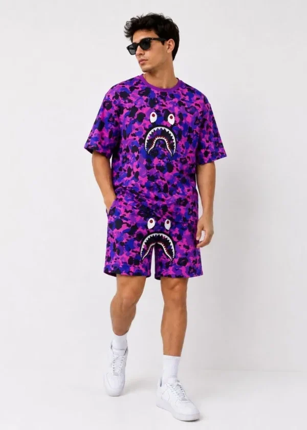 Erkek Oversize Kalıp Pubg Bape X Shark Nakışlı Cepli Şort Takım - Mor