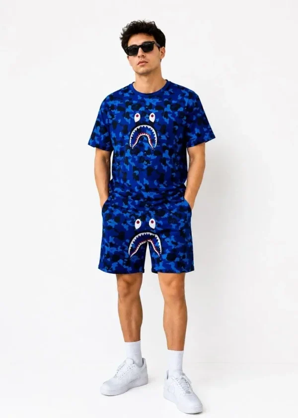 Erkek Oversize Kalıp Pubg Bape X Shark Nakışlı Cepli Şort Takım - Mavi