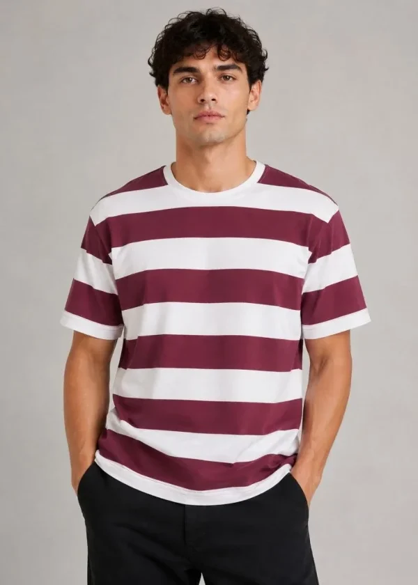 Erkek Çizgili Oversize Tişört Bisiklet Yaka Kısa Kol Yazlık T-Shirt - Bordo